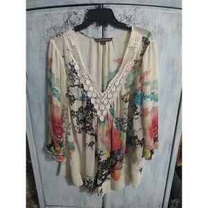 Mushka Sienna Rose Floral Shear V-neck Embroidered Blouse 3x Multicolor Boho Y2K